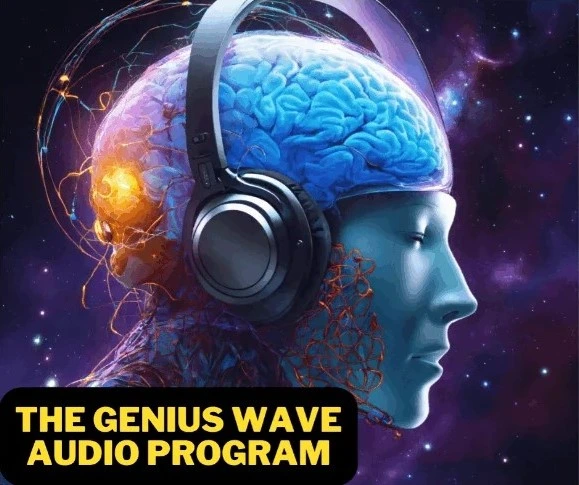 The Genius Wave audio program illustration showing a glowing brain wearing headphones
