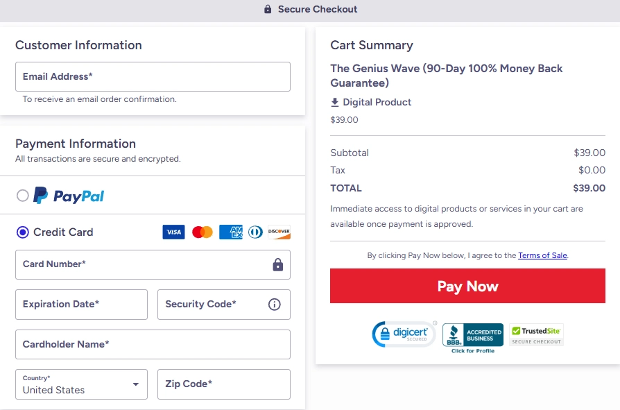 The Genius Wave secure checkout page showing $39 digital program pricing, payment options and The Genius Wave 90-Day Money-Back Guarantee